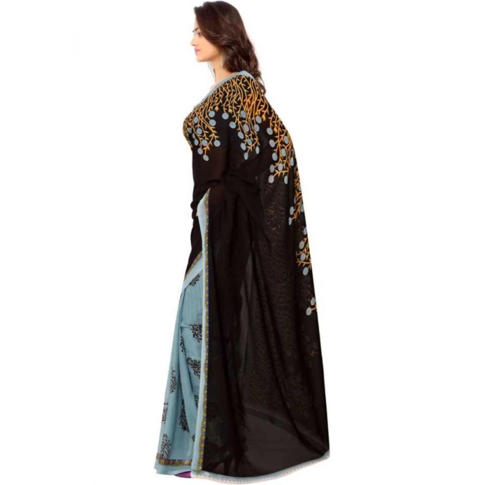 Generic Women's Faux Georgette Printed Saree With Unstitched Blouse 5.5Mtr (Brown)