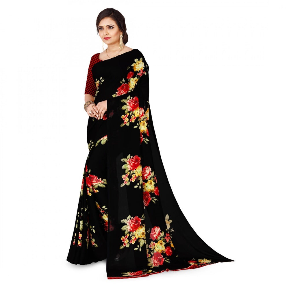 Generic Women's Faux Georgette Printed Saree With Unstitched Blouse 5.5Mtr (Black)