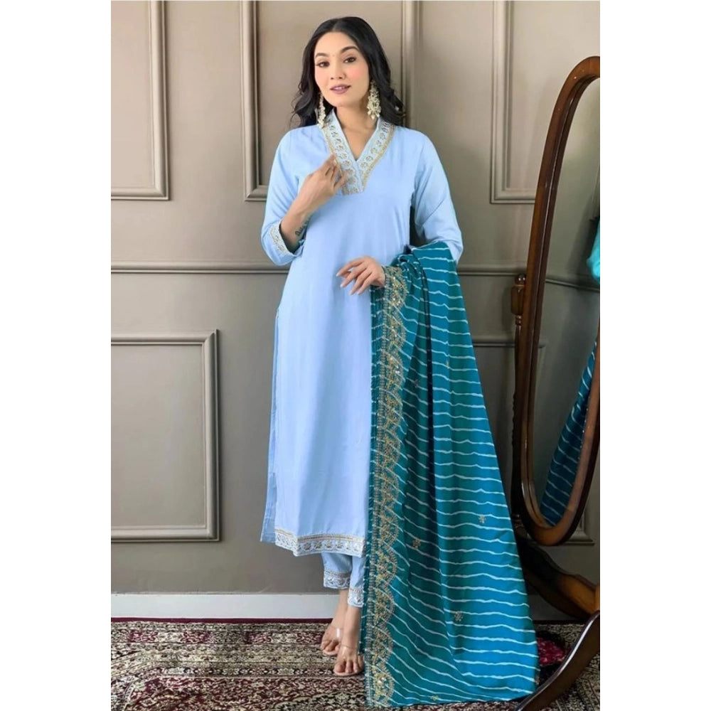 Generic Women's Roman Silk Embroidery 3-4th Sleeve V-Neck Kurti With Pant Dupatta Set (Rama)