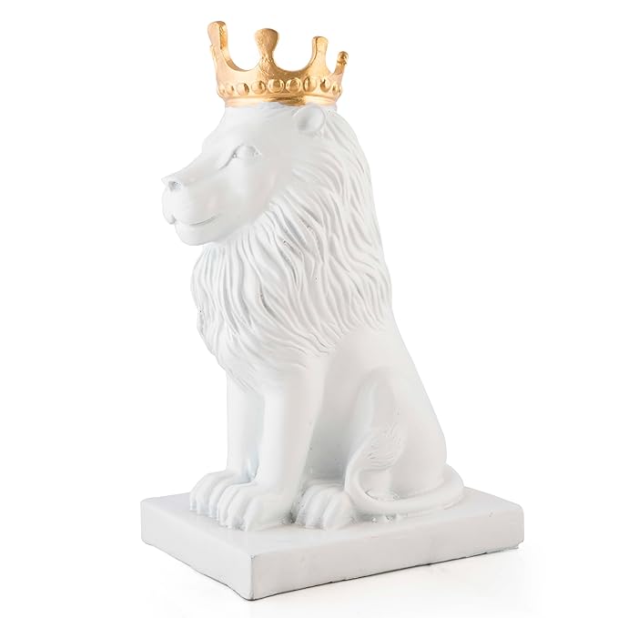 Lion Statue with Gold Crown, King of The Forest Lion Statue,Glod Crown Lion Figurine (White)