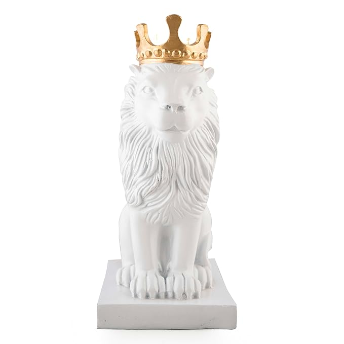Lion Statue with Gold Crown, King of The Forest Lion Statue,Glod Crown Lion Figurine (White)