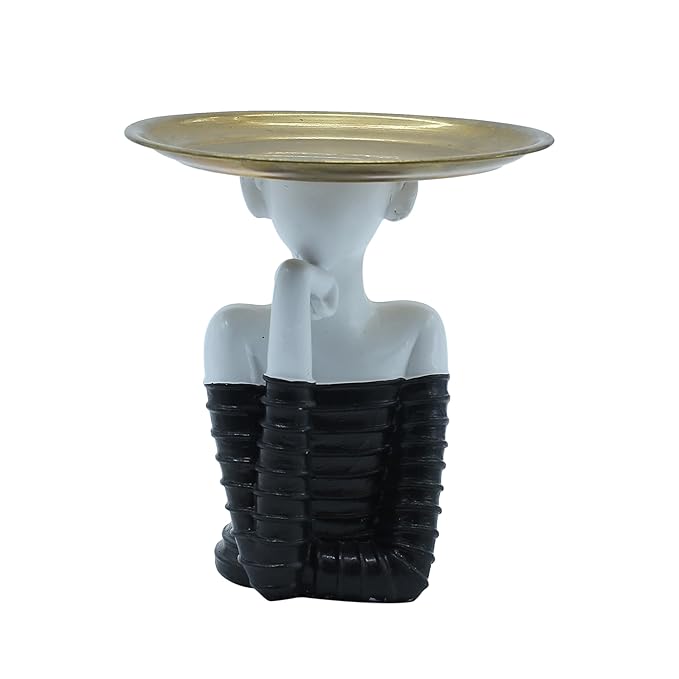 Decorative Figurine Display Stand, White and Black, 6 Inch Height, Gold Serving Plate