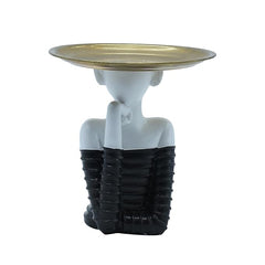 Decorative Figurine Display Stand, White and Black, 6 Inch Height, Gold Serving Plate