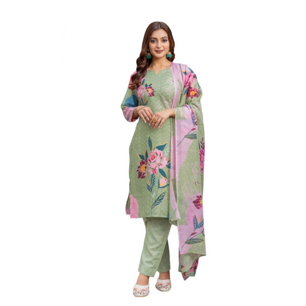 Generic Women's Cotton Blend Printed Kurti With Pant Dupatta Set (Mehendi)