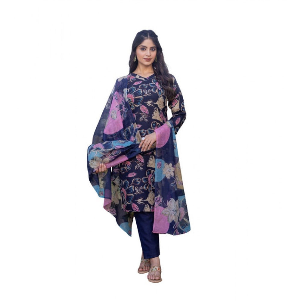 Generic Women's Cotton Blend Printed Kurti With Pant Dupatta Set (NavyBlue)