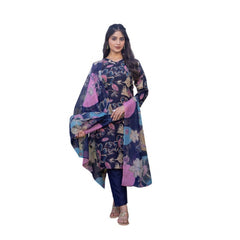 Generic Women's Cotton Blend Printed Kurti With Pant Dupatta Set (NavyBlue)