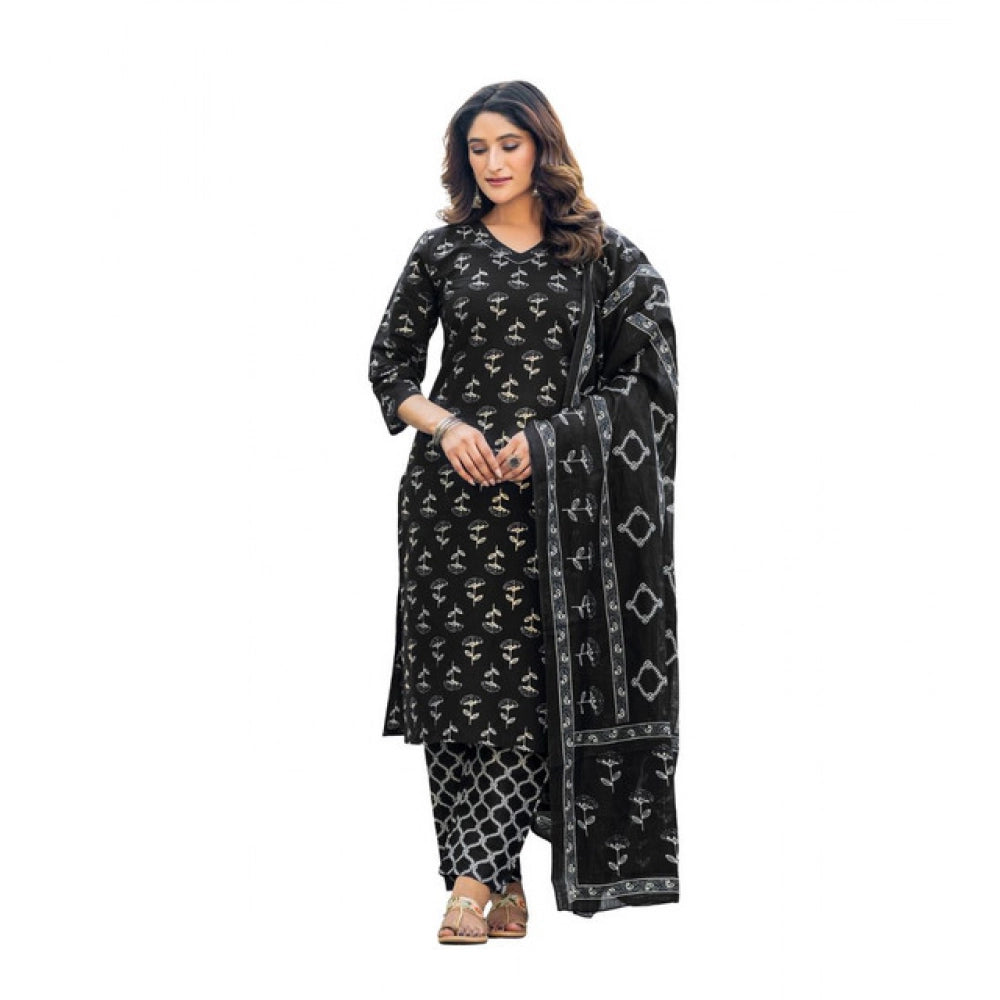 Generic Women's Cotton Blend Printed Kurti With Pant Dupatta Set (Black)
