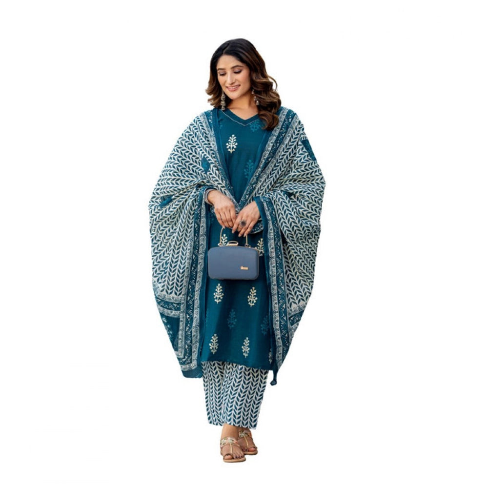 Generic Women's Cotton Blend Printed Kurti With Pant Dupatta Set (Morpichh)
