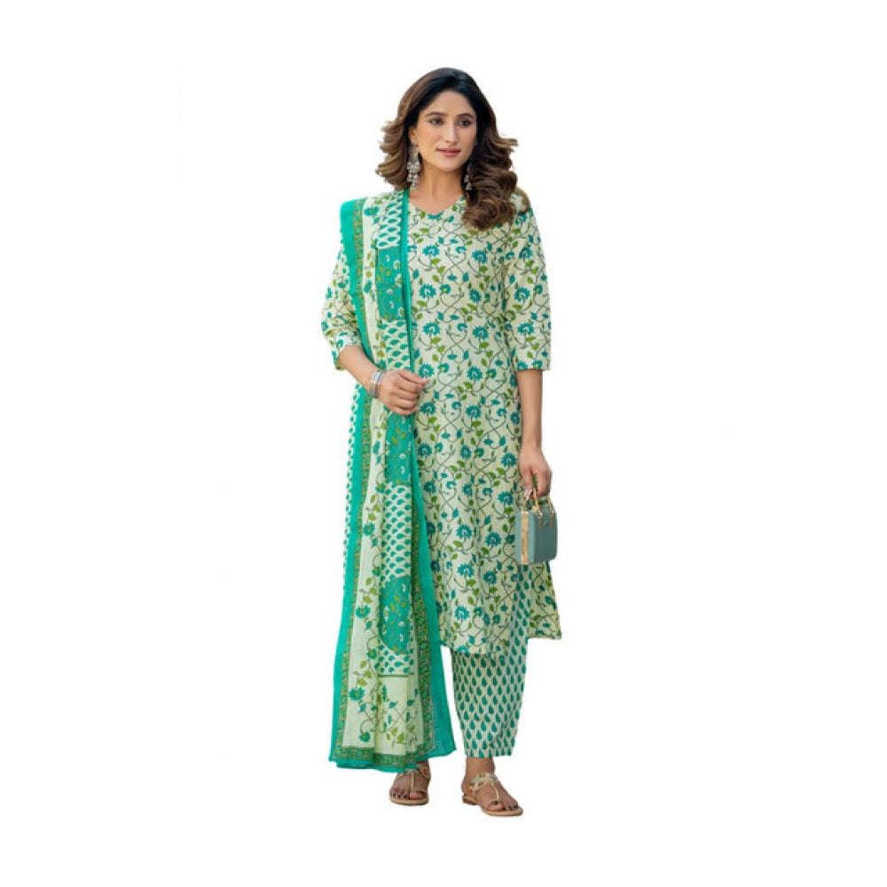 Generic Women's Cotton Blend Printed Kurti With Pant Dupatta Set (Pista)