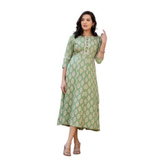 Generic Women's Rayon  Print With Embroidery Work A-Line Kurti (Green)