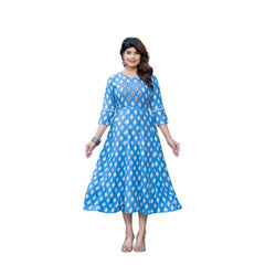 Generic Women's Rayon Print With Embroidery Work A-Line Kurti (Sky Blue)