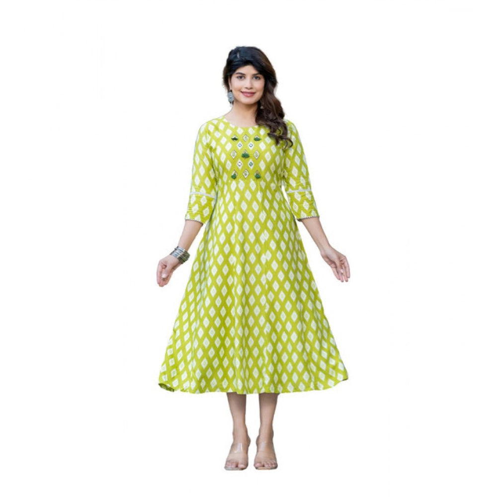 Generic Women's Rayon Print With Embroidery Work A-Line Kurti (Parrot)