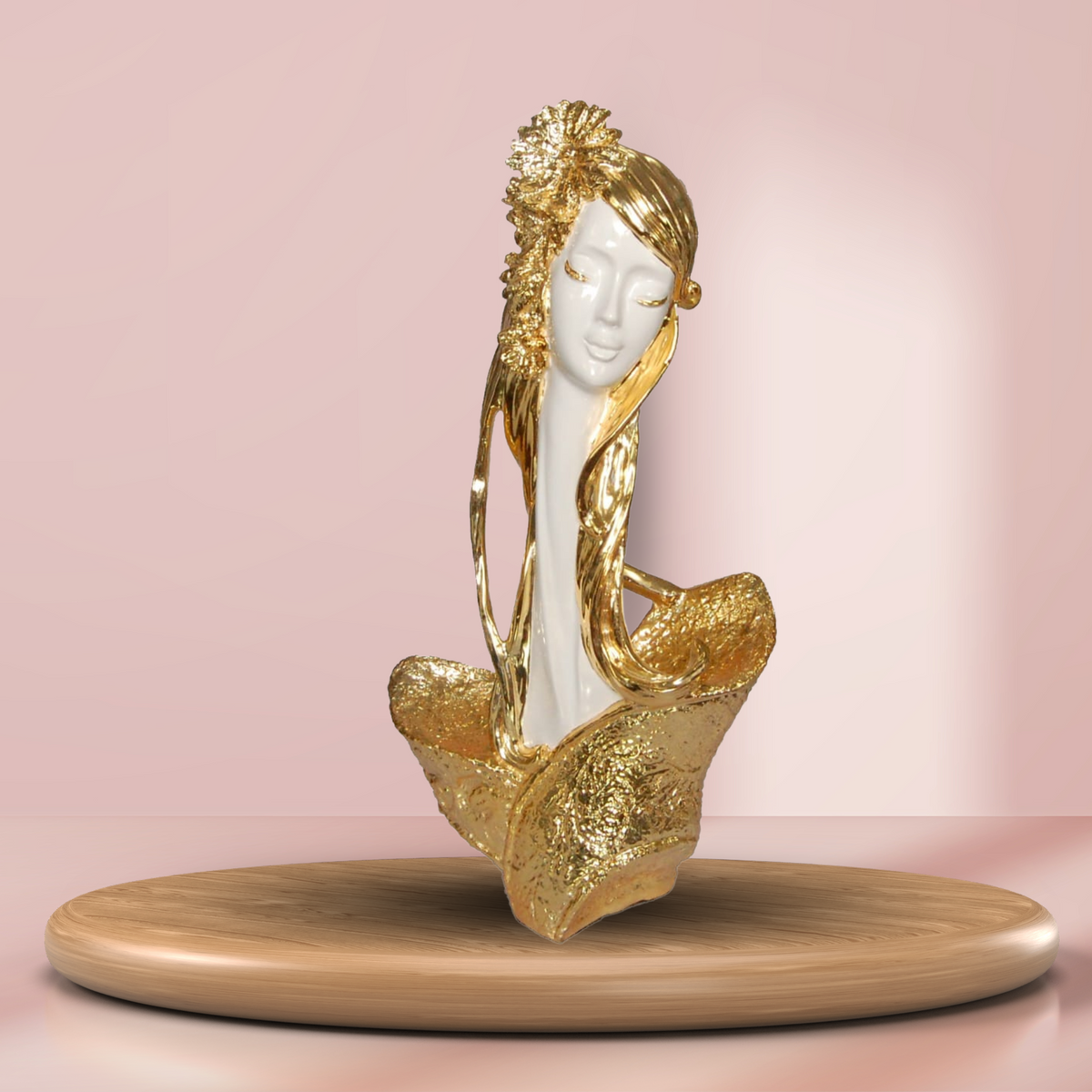 Graceful Woman Face Statue | Gold Finish Resin Beauty Figurine | Home Decor Showpiece for Tabletop Display