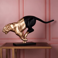 Jaguar Statue for Home Decor | Black Gold Polyresin Animal Showpiece | Modern Running Panther Sculpture