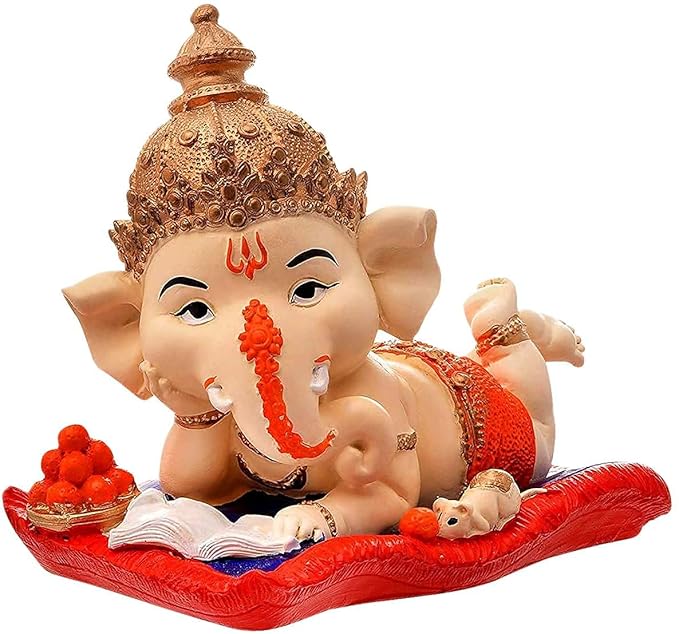"Polyresin Lord Ganesha Reading Book & Enjoying Ladoo Showpiece":