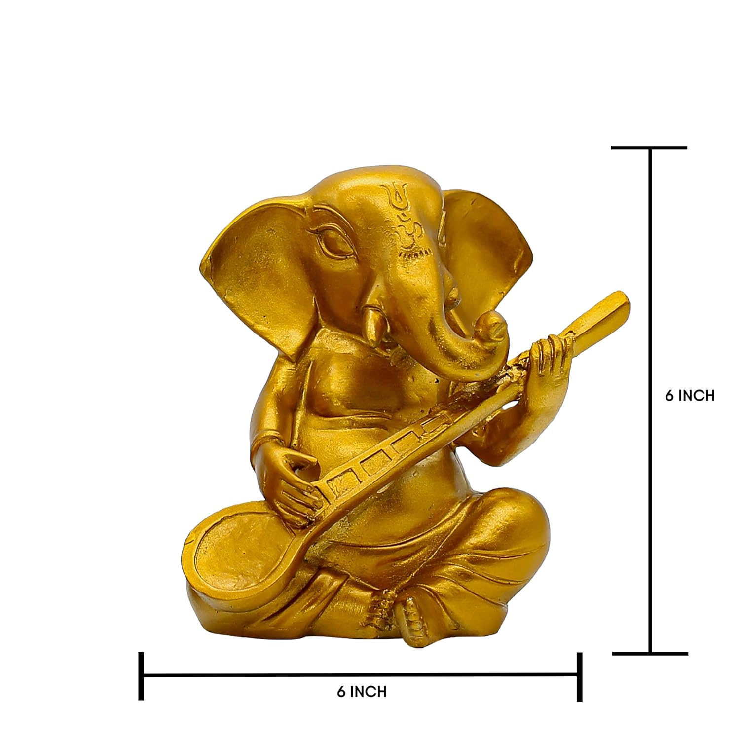 Decorative Ganesha Statue with Musical Veena, Gold Finish, 6 x 6 Inch