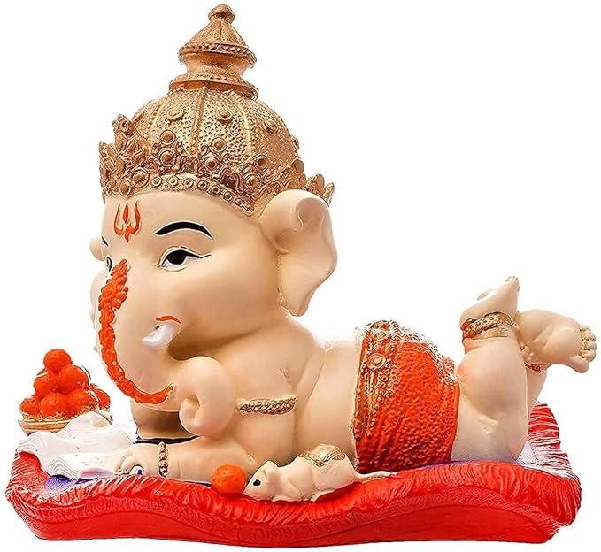 "Polyresin Lord Ganesha Reading Book & Enjoying Ladoo Showpiece":