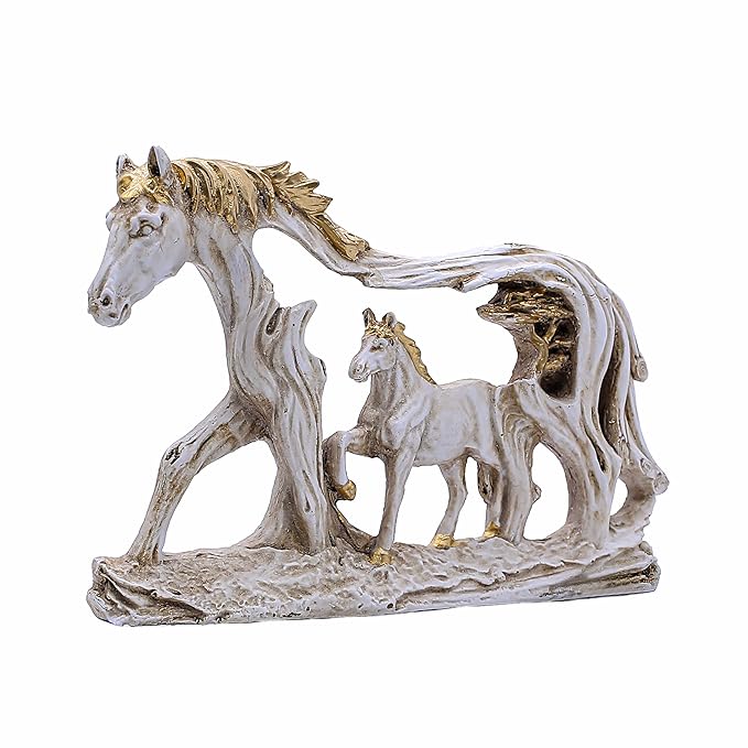 Polyresin Horse in Horse Statue, Pearl White & Golden, 7.5 x 11 inches, for Home Decor, Gifting