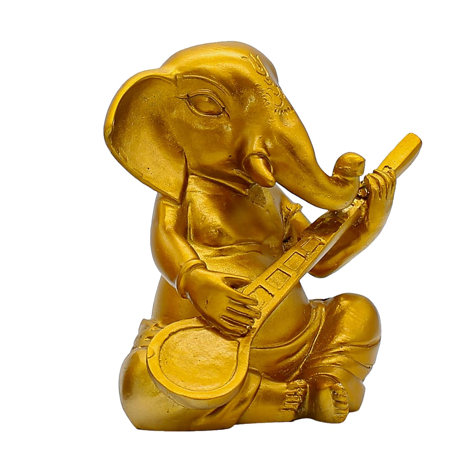 Decorative Ganesha Statue with Musical Veena, Gold Finish, 6 x 6 Inch