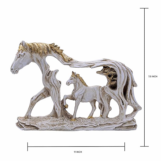 Polyresin Horse in Horse Statue, Pearl White & Golden, 7.5 x 11 inches, for Home Decor, Gifting