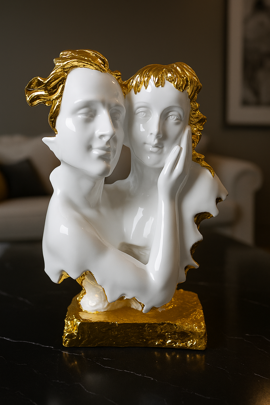 Romantic Couple Face Embrace Statue | White Gold Polyresin Love Showpiece | Modern Home Decor Gift