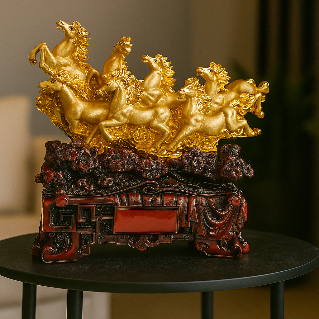 Seven Horse Statue for Vastu – Golden Running Horses Showpiece for Home & Office Decor