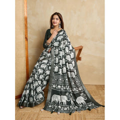 Generic Women's Silk Blend Printed Saree With Unstitched Blouse 5.5Mtr (Green)