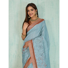 Generic Women's Silk Blend Printed Saree With Unstitched Blouse 5.5Mtr (Blue)