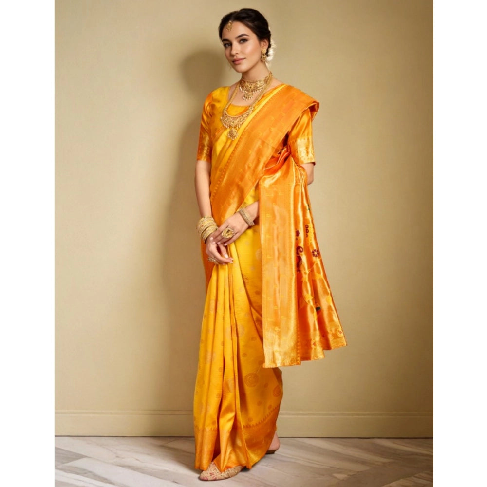 Generic Women's Silk Blend Paithani Saree With Unstitched Blouse 5.5Mtr (Mustard)