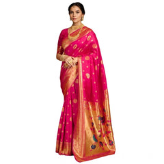 Generic Women's Silk Blend Paithani Saree With Unstitched Blouse 5.5Mtr (Pink)