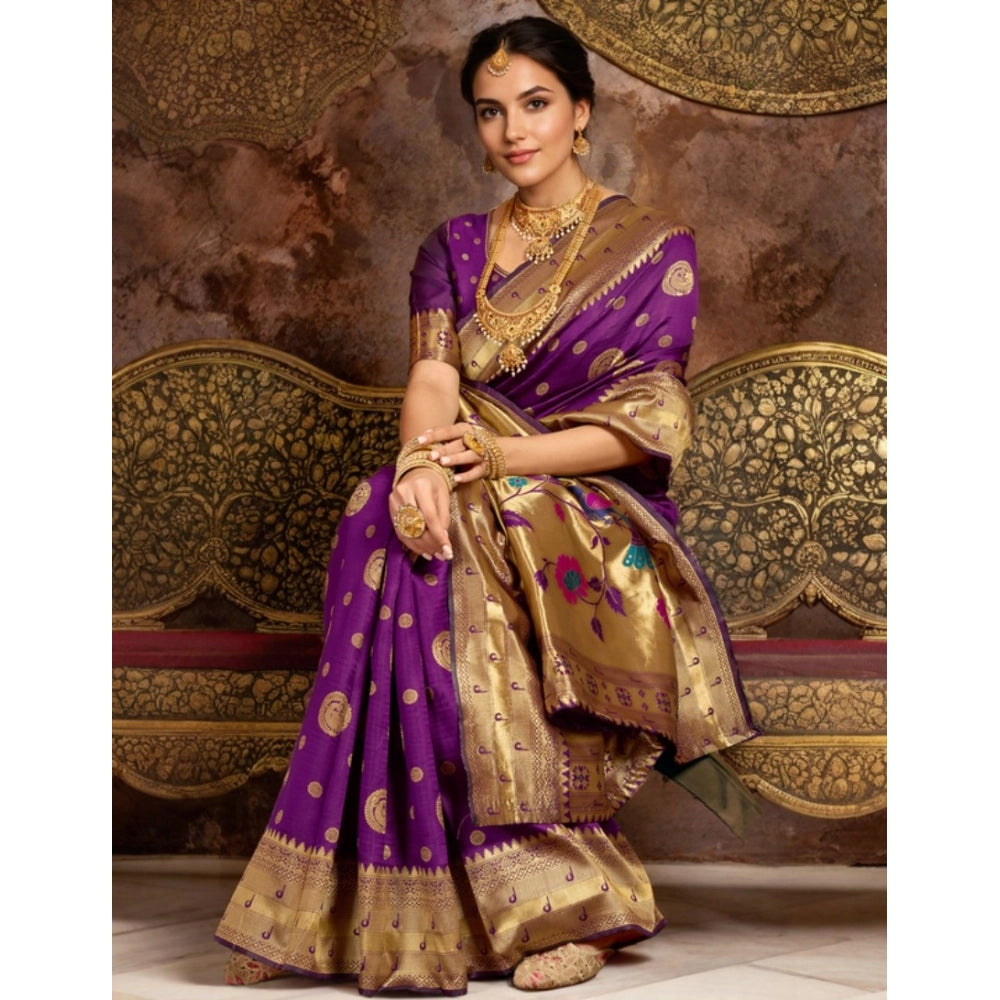Generic Women's Silk Blend Paithani Saree With Unstitched Blouse 5.5Mtr (Purple)