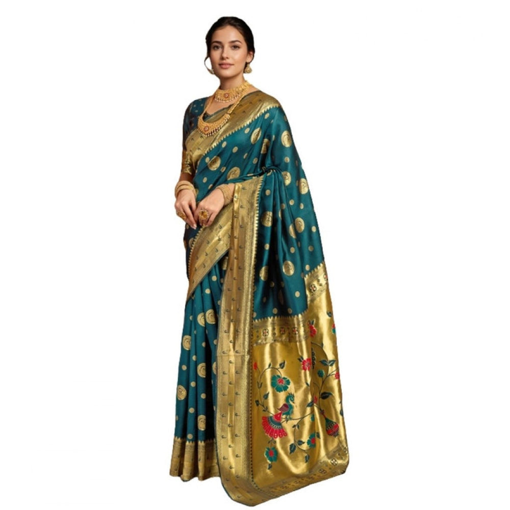 Generic Women's Silk Blend Paithani Saree With Unstitched Blouse 5.5Mtr (Teal)