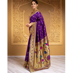 Generic Women's Silk Blend Woven Saree With Unstitched Blouse 5.5Mtr (Purple)