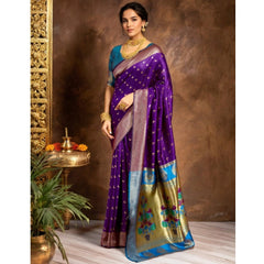 Generic Women's Silk Blend Zari Woven Saree With Unstitched Blouse 5.5Mtr (Purple)
