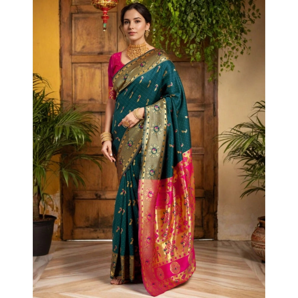 Generic Women's Silk Blend Zari Weaving Saree With Unstitched Blouse 5.5Mtr (Dark-Green)