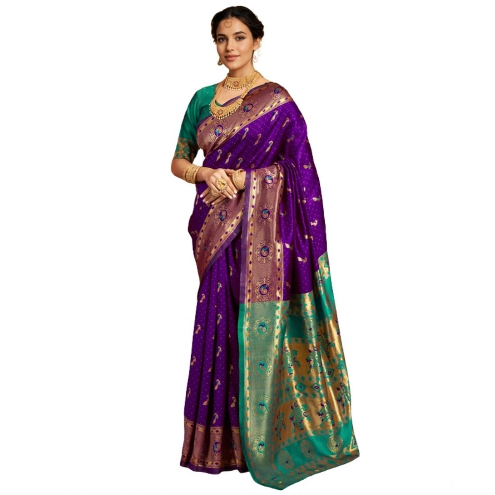 Generic Women's Silk Blend Zari Weaving Saree With Unstitched Blouse 5.5Mtr (Purple)