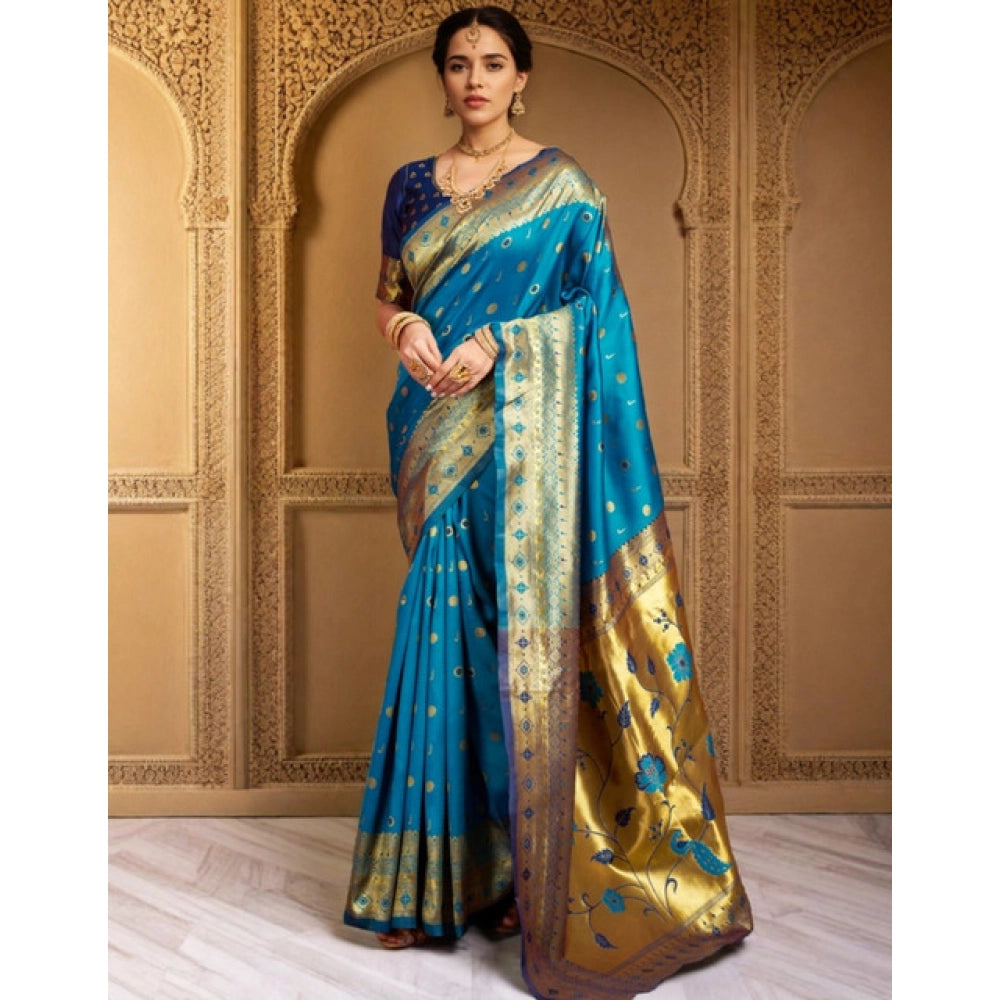 Generic Women's Silk Blend Zari Weaving Saree With Unstitched Blouse 5.5Mtr (Aqua)
