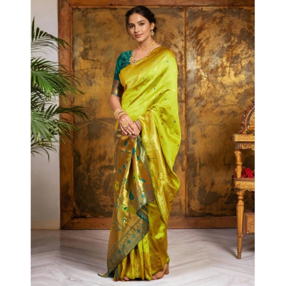 Generic Women's Silk Blend Zari Weaving Saree With Unstitched Blouse 5.5Mtr (Lime-Green)