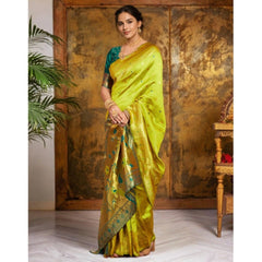 Generic Women's Silk Blend Zari Weaving Saree With Unstitched Blouse 5.5Mtr (Lime-Green)