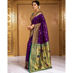 Generic Women's Silk Blend Zari Weaving Saree With Unstitched Blouse 5.5Mtr (Purple)