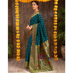Generic Women's Silk Blend Zari Weaving Saree With Unstitched Blouse 5.5Mtr (Teal)