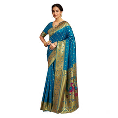Generic Women's Silk Blend Zari Weaving Saree With Unstitched Blouse 5.5Mtr (Turquoise)