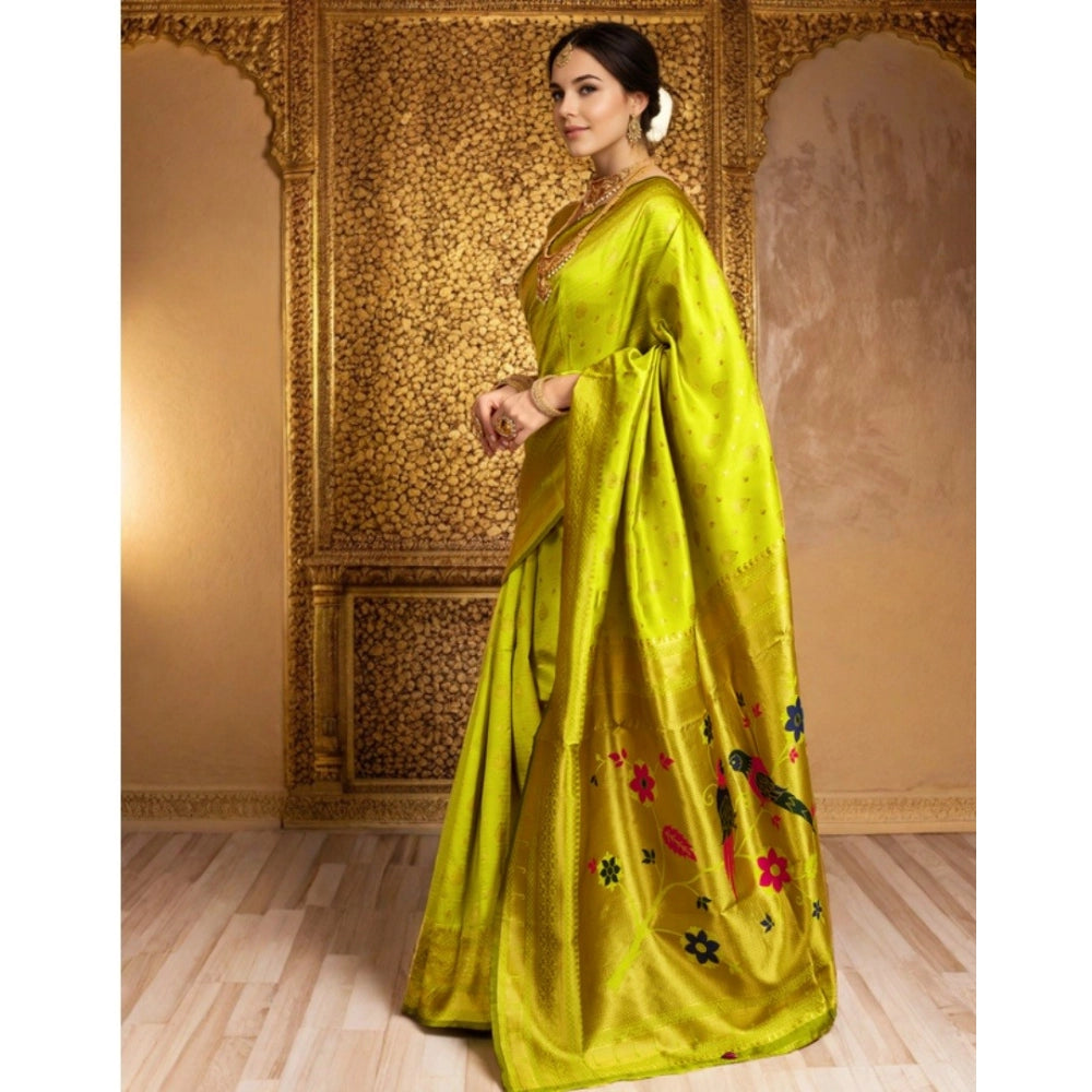 Generic Women's Silk Blend Zari Weaving Saree With Unstitched Blouse 5.5Mtr (Lime-Green)