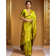 Generic Women's Silk Blend Zari Weaving Saree With Unstitched Blouse 5.5Mtr (Lime-Green)