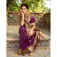 Generic Women's Silk Blend Zari Weaving Saree With Unstitched Blouse 5.5Mtr (Purple)