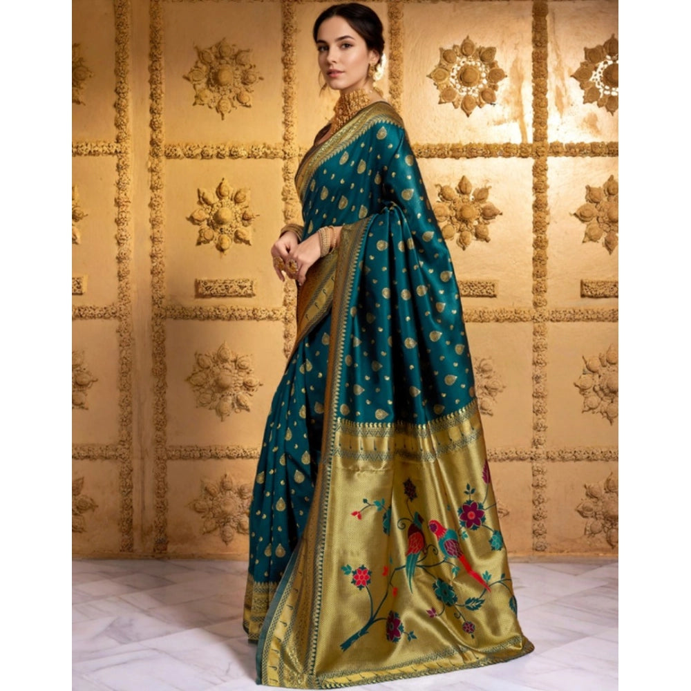 Generic Women's Silk Blend Zari Weaving Saree With Unstitched Blouse 5.5Mtr (Teal)