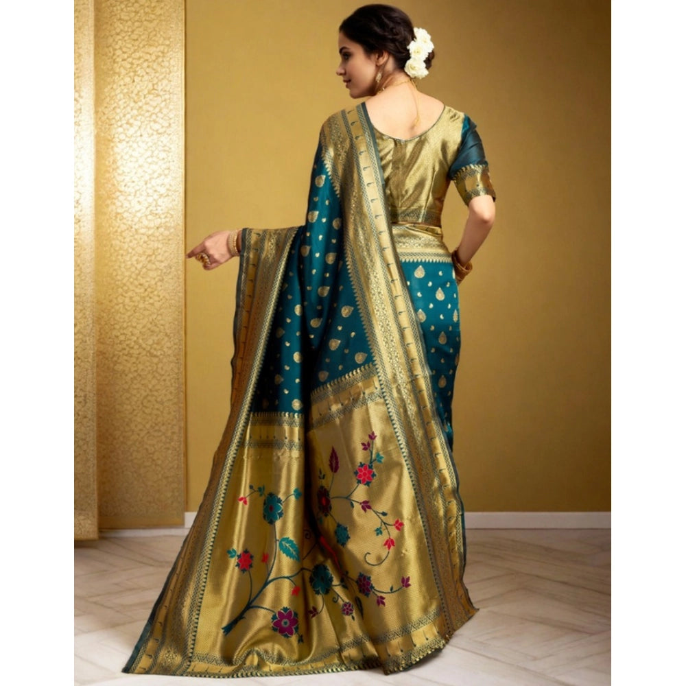 Generic Women's Silk Blend Zari Weaving Saree With Unstitched Blouse 5.5Mtr (Teal)