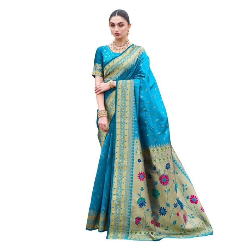 Generic Women's Silk Blend Paithani Weaving Saree With Unstitched Blouse 5.5Mtr (Aqua)