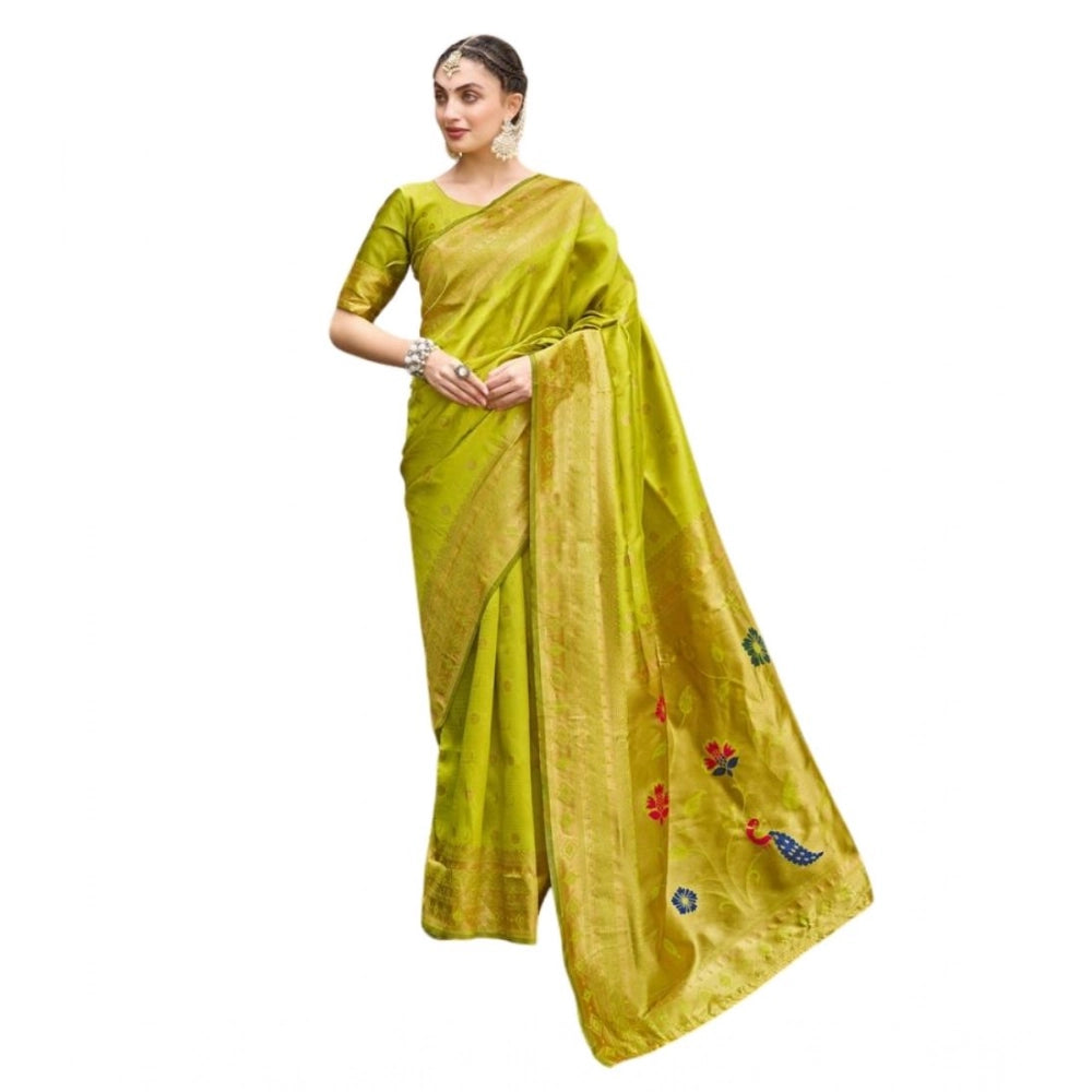 Generic Women's Silk Blend Paithani Weaving Saree With Unstitched Blouse 5.5Mtr (Lime Green)
