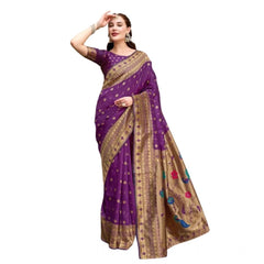 Generic Women's Silk Blend Paithani Weaving Saree With Unstitched Blouse 5.5Mtr (Purple)